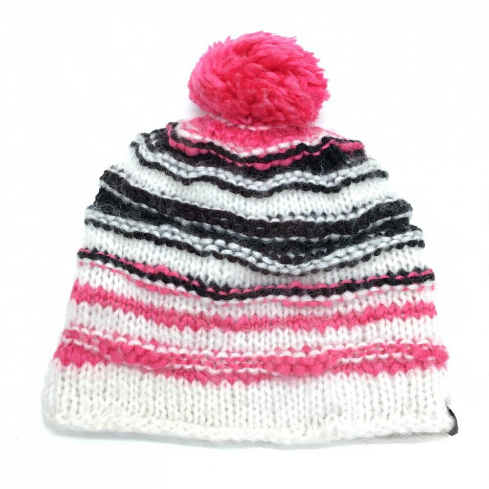 【美品】カッパ ニット帽 白×ピンク ボンボン付き 内側フリース レディース F ゴルフウェア Kappa