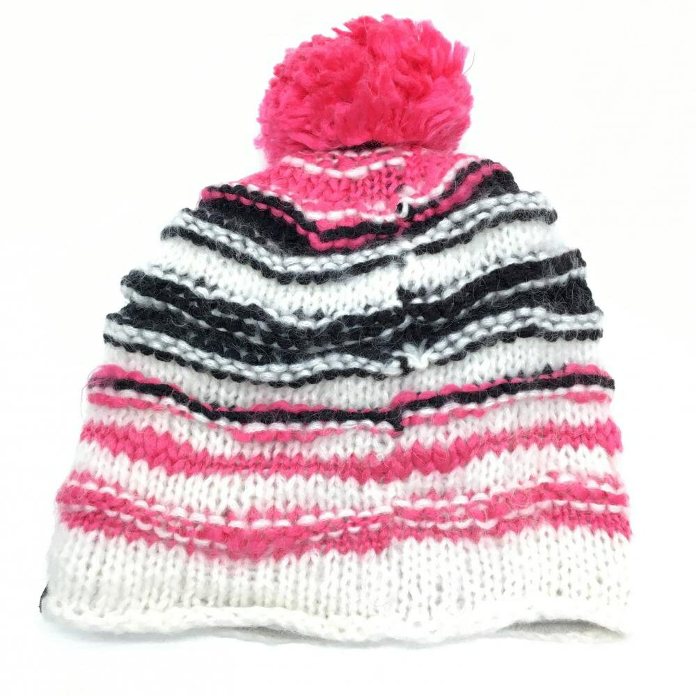 【美品】カッパ ニット帽 白×ピンク ボンボン付き 内側フリース レディース F ゴルフウェア Kappa