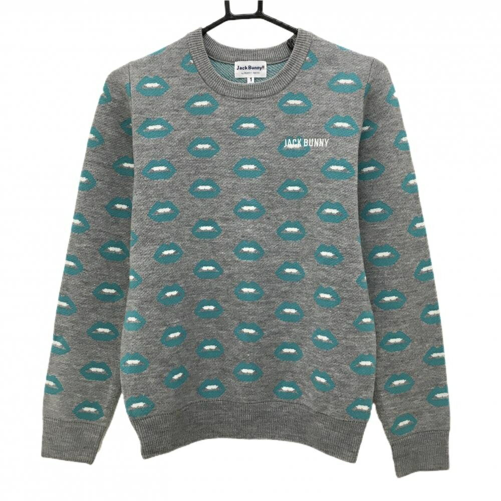 【当店ポイント10倍！楽天スーパーセル期間限定】【超美品】ジャックバニー セーター グレー×ライトブルー 唇柄 ニット ウール混 レディース 1(M) ゴルフウェア Jack Bunny