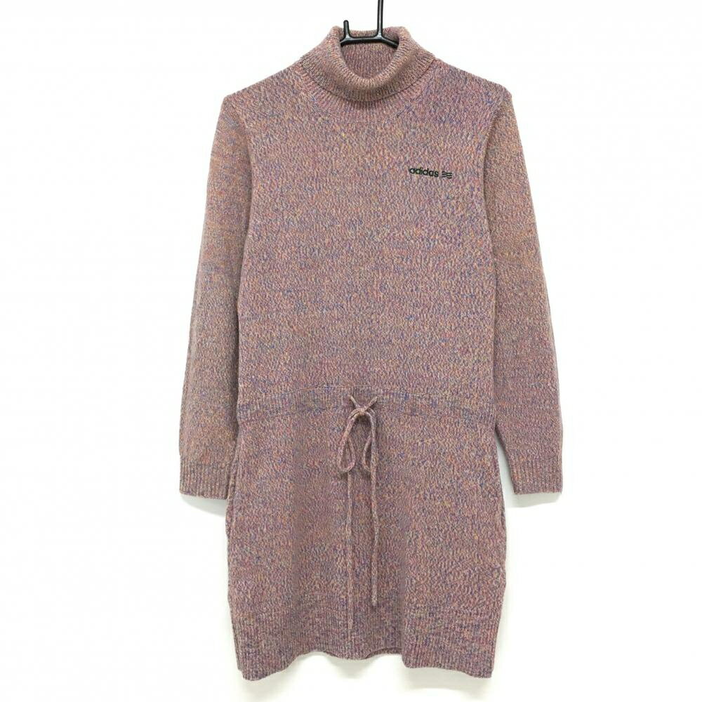 【超美品】アディダス タートルネックニットワンピース ピンク系×マルチカラー ウエスト調整紐 レディース OT ゴルフウェア adidas