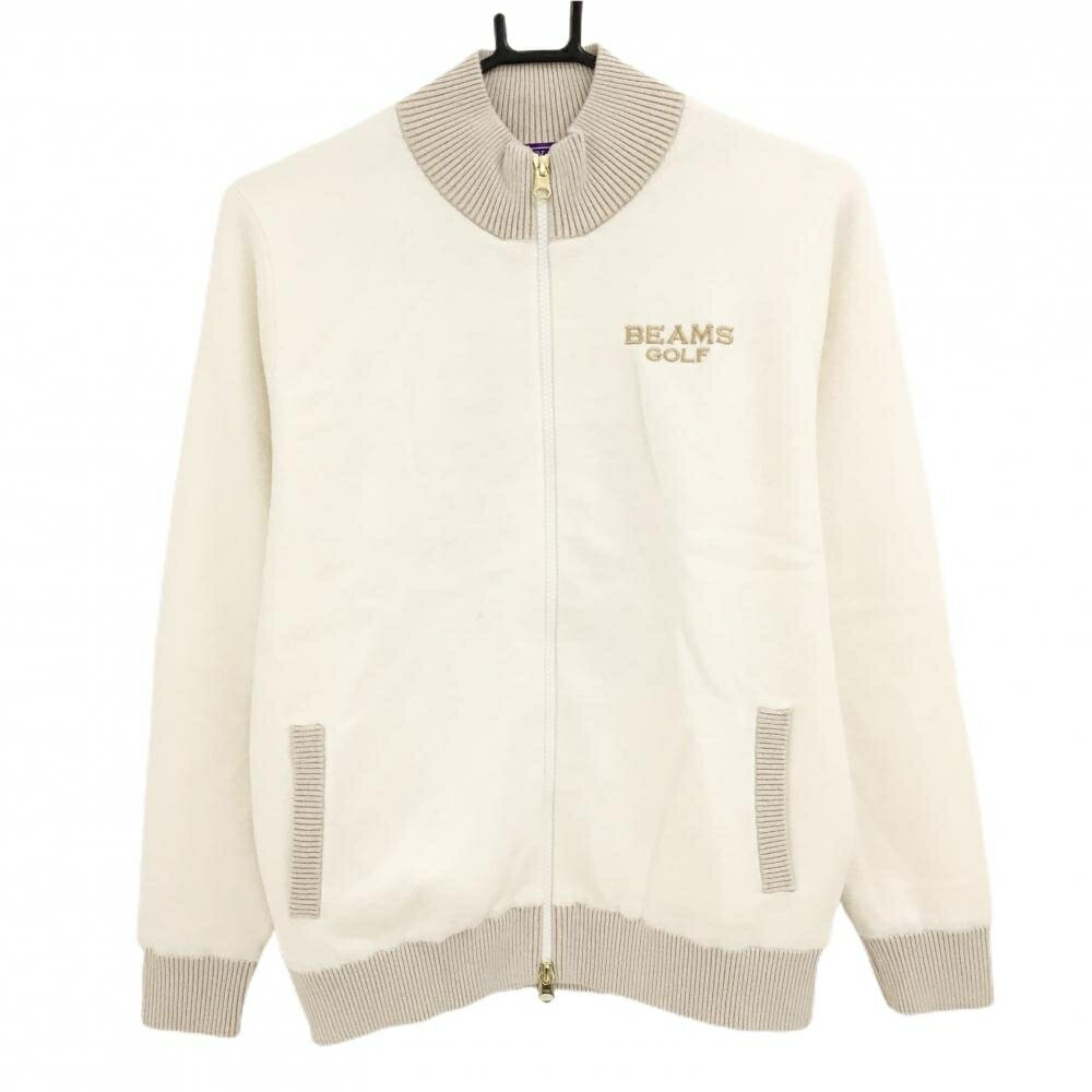 【超美品】ビームスゴルフ ニットジャケット 白×ベージュ ロゴゴールド 裏地付き レディース L ゴルフウェア BEAMS GOLF