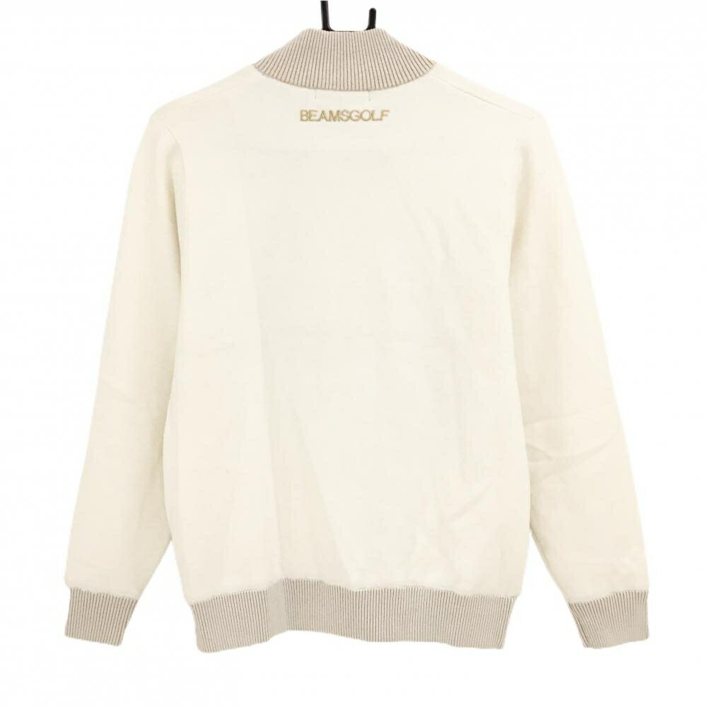 【超美品】ビームスゴルフ ニットジャケット 白×ベージュ ロゴゴールド 裏地付き レディース L ゴルフウェア BEAMS GOLF