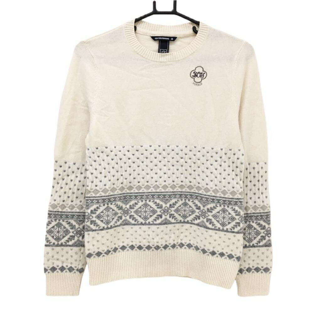【美品】ゾーイ セーター アイボリー×グレー 下方柄 ニット 羊毛混 ラメ糸 レディース 38(M) ゴルフウ..