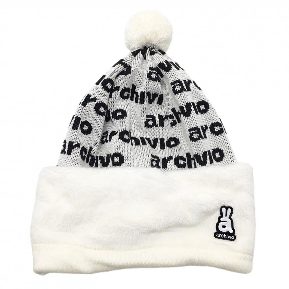 アルチビオ 2WAYニット帽 白×黒 ボンボン付 ネックウォーマー レディース ゴルフウェア archivio
