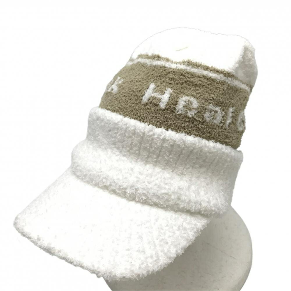 【超美品】ヒールクリーク つば付きニット帽 白×ベージュ ロゴ 40 ゴルフウェア Heal Creek