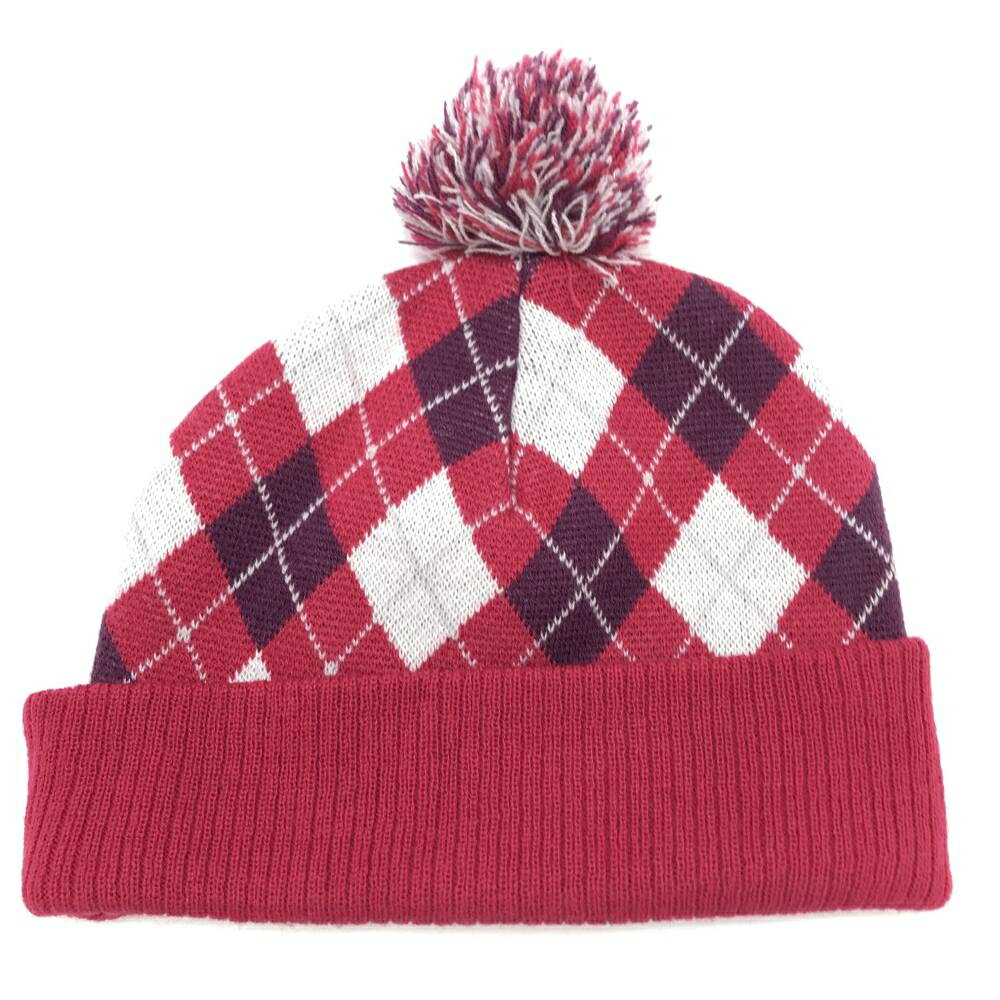 【超美品】スリクソン ニット帽 レッドピンク×パープル アーガイル柄 ボンボン付き フリーサイズ ゴルフウェア SRIXON