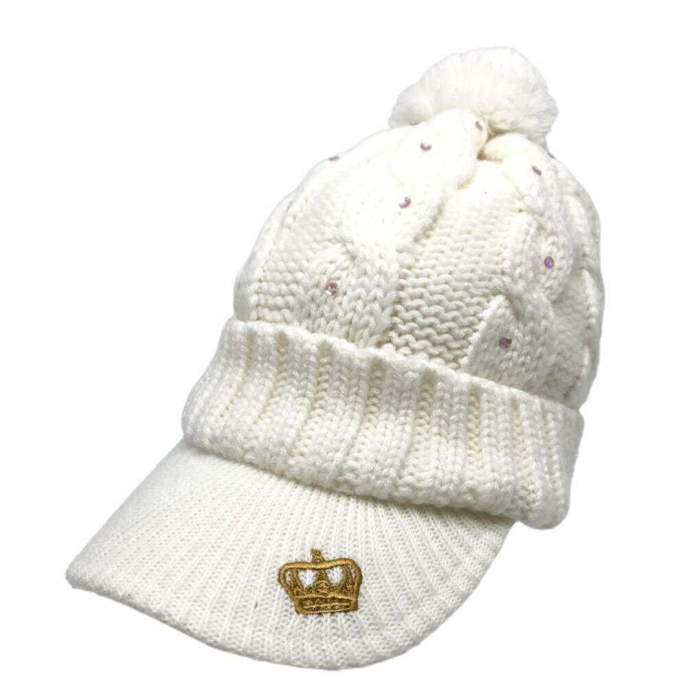 【超美品】フィラゴルフ つば付ニット帽 白 スパンコール ボンボン付 レディース ゴルフウェア FILA GOLF