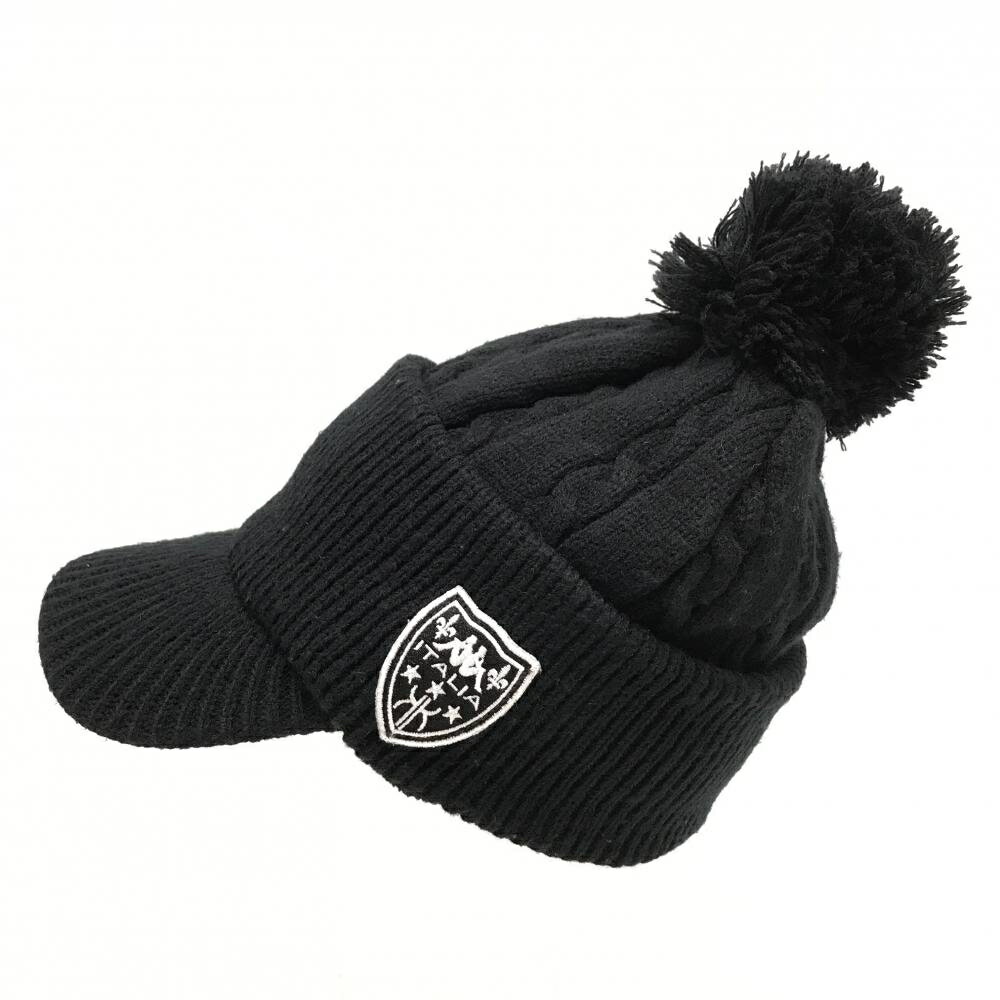 【美品】カッパ つば付ニット帽 黒 ケーブル編み ボンボン付 フリーサイズ ゴルフウェア Kappa