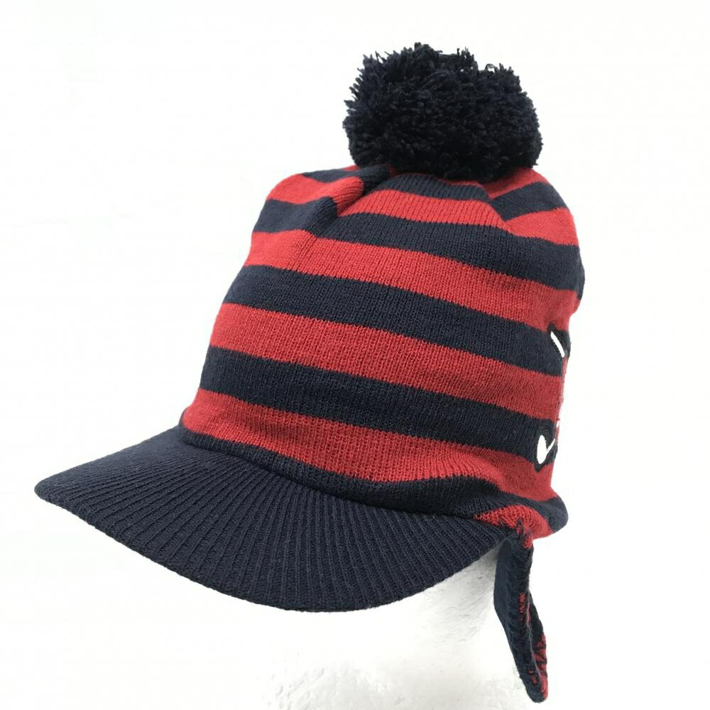 【超美品】フィラゴルフ つば付ニット帽 ネイビー×レッド ボーダー ボンボン付 内側フリース レディー..