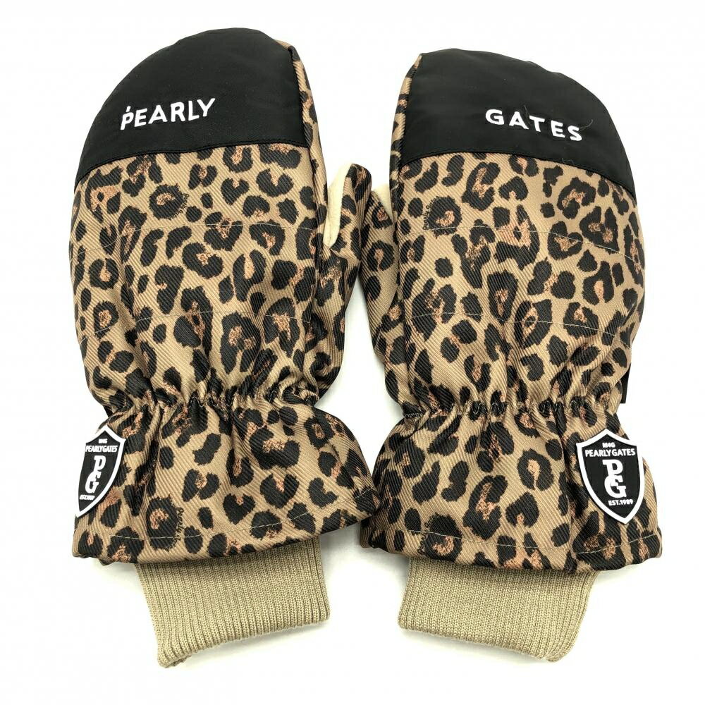 【超美品】パーリーゲイツ 手袋 ベージュ×黒 レオパード ヒョウ柄 裏起毛 メンズ ゴルフウェア PEARLY ..