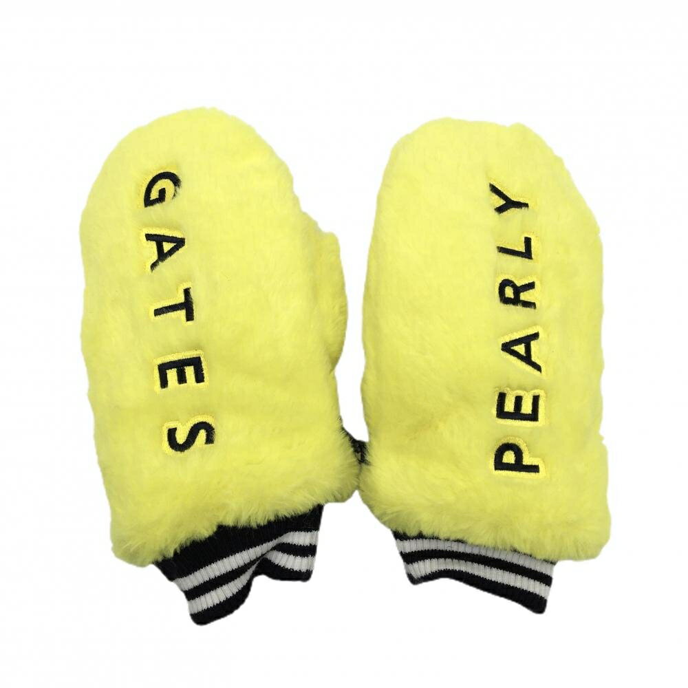 【超美品】パーリーゲイツ 手袋 イエロー×黒 フェイクファー 裏起毛 ミトングローブ レディース ゴルフ..