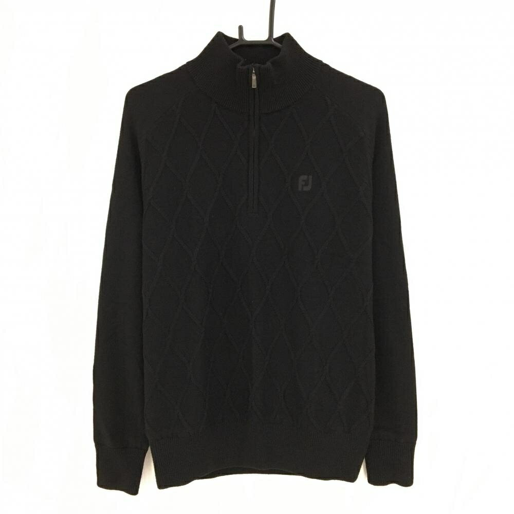 【美品】フットジョイ ハイネックセーター 黒 身頃ダイヤ柄織 裏地付き ニット ウール混 ハーフジップ ..