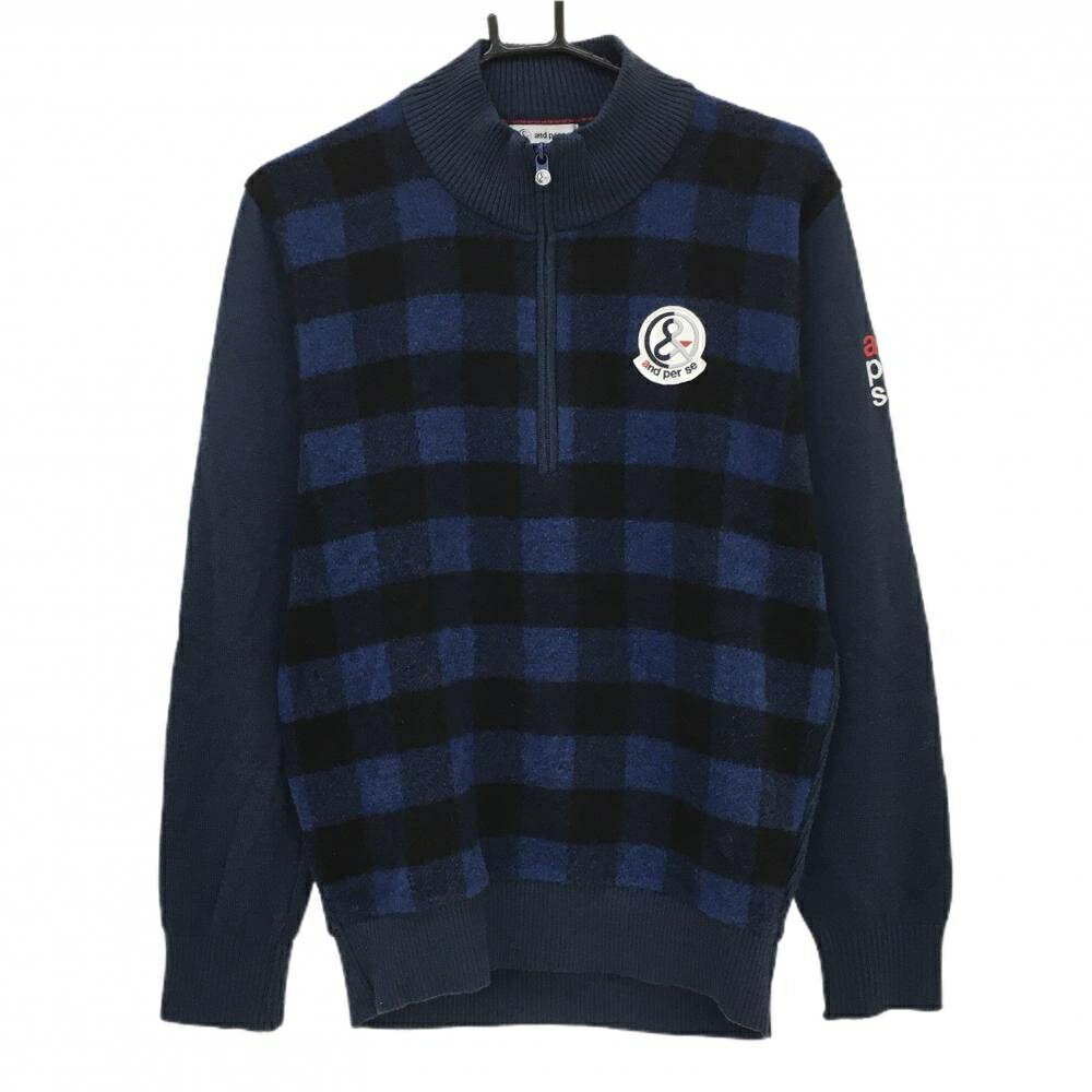 【美品】アンパスィ ハイネックセーター ネイビー×黒 前身頃チェック ハーフジップ ニット ウール混 メ..