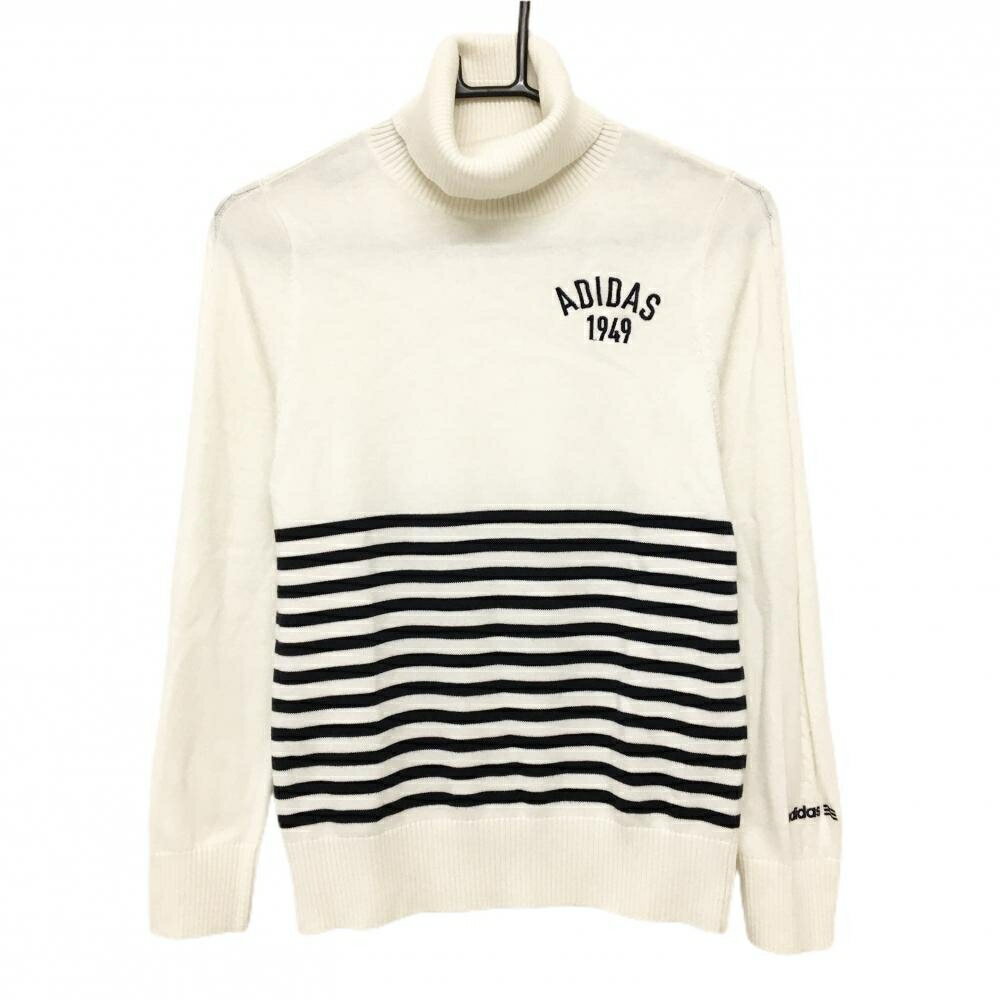 ADIDAS - 【美品】アディダス タートルネックセーター 白×黒 下部ボーダー 袖一部ケーブル編み ニット レディース M/M ゴルフウェア adidas