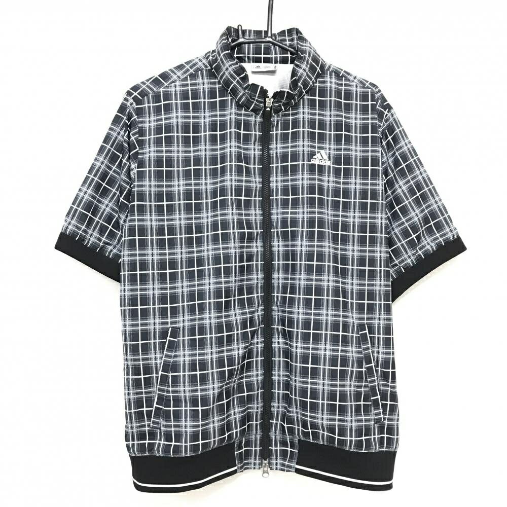 【超美品】アディダス 半袖ジャケット 黒×白 チェック 身頃蓄熱裏地 フード収納可 メンズ O/XG ゴルフウェア adidas