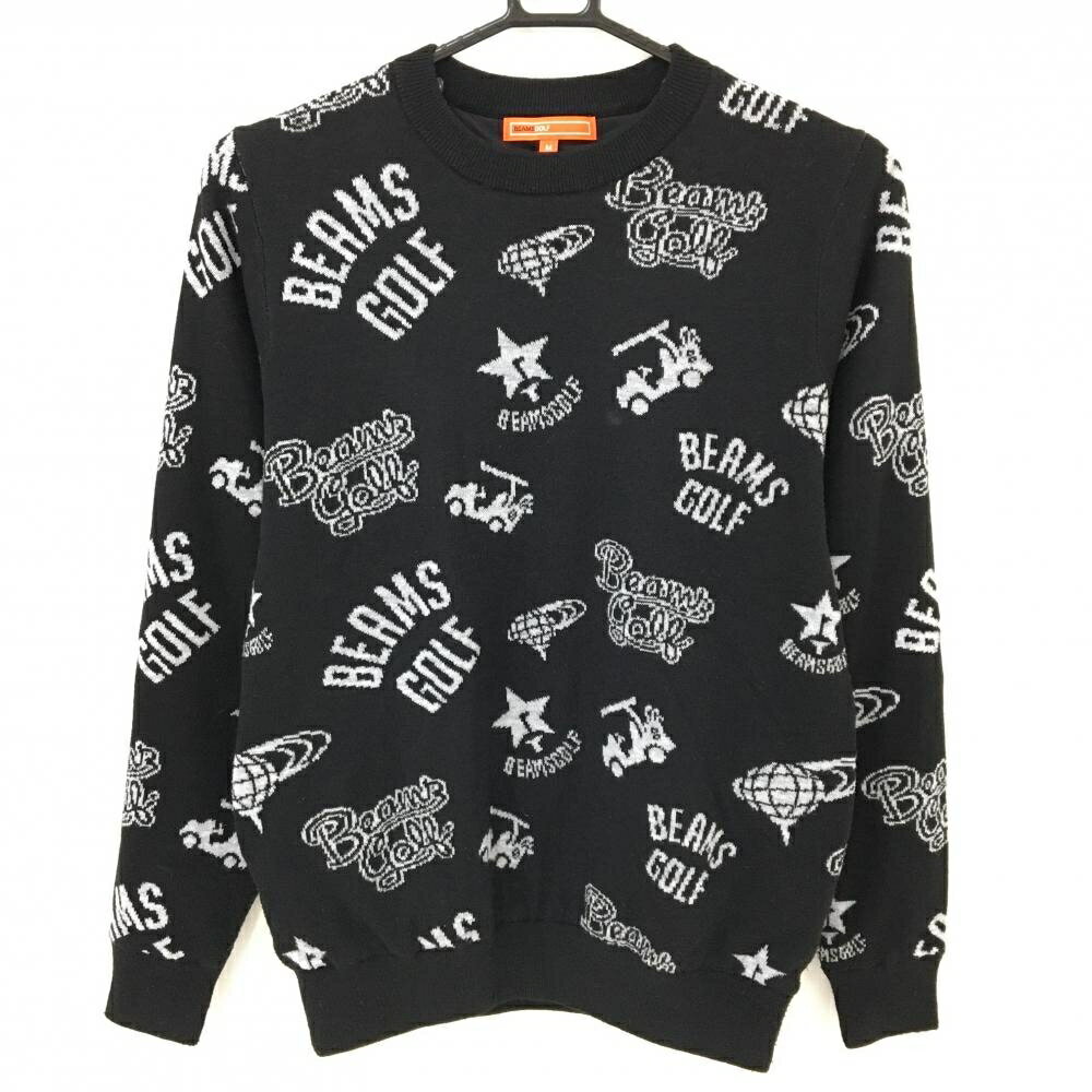 【美品】ビームスゴルフ セーター 黒×ライトグレー ロゴ総柄 裏地付き ウール混 ニット レディース M ゴルフウェア BEAMS GOLF
