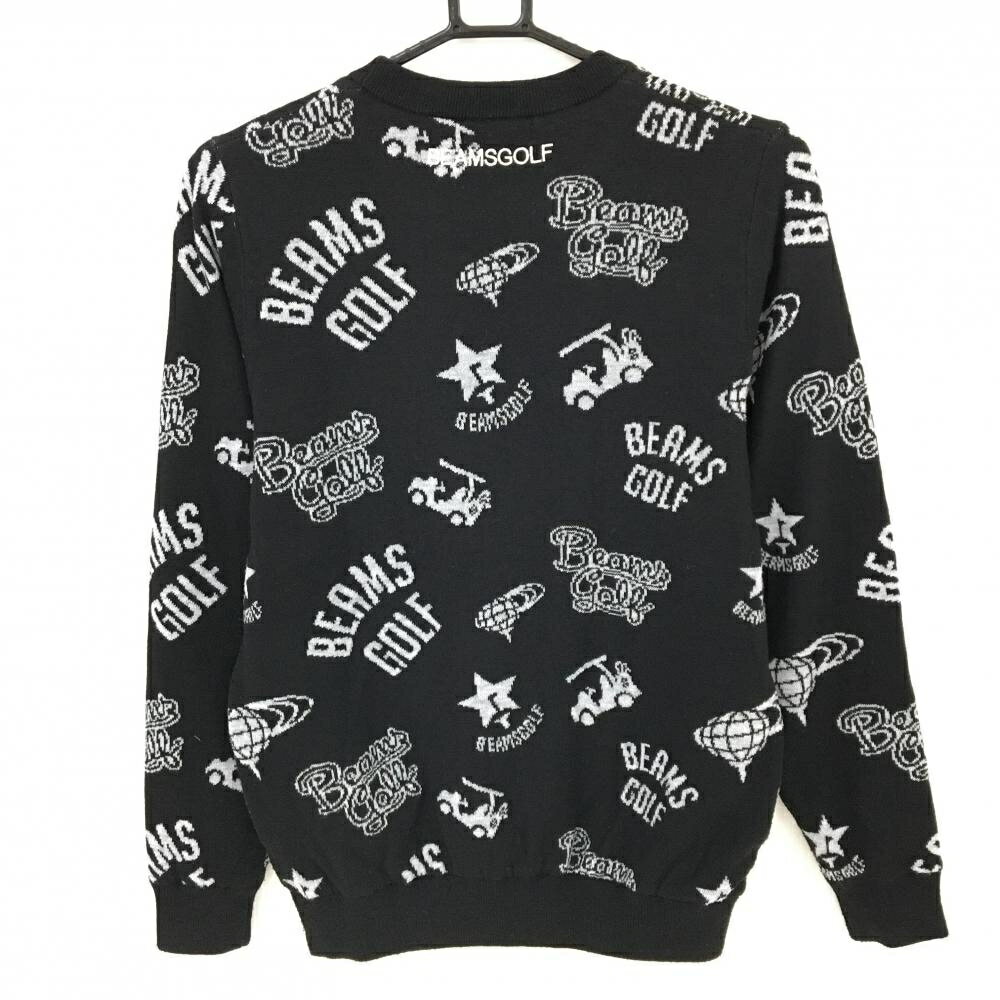 【美品】ビームスゴルフ セーター 黒×ライトグレー ロゴ総柄 裏地付き ウール混 ニット レディース M ゴルフウェア BEAMS GOLF