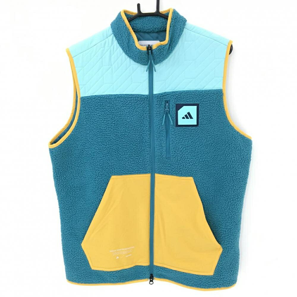 【美品】アディダス ボア切替ベスト ライトブルー×イエロー 3ポケット メンズ J/L ゴルフウェア 2023年モデル adidas