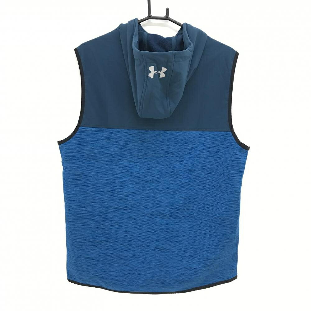 【美品】アンダーアーマー フード付アウターベスト ネイビー×ブルー 切替 裏起毛 メンズ XL/TG/EG ゴルフウェア UNDER ARMOUR