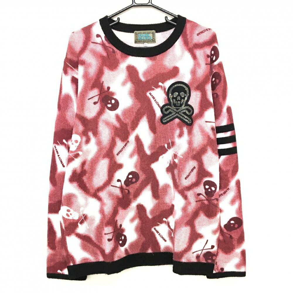 【美品】マークアンドロナ セーター ボルドー×白 総柄 スカル柄 カシミヤ100％ メンズ 50(XL) ゴルフウ..