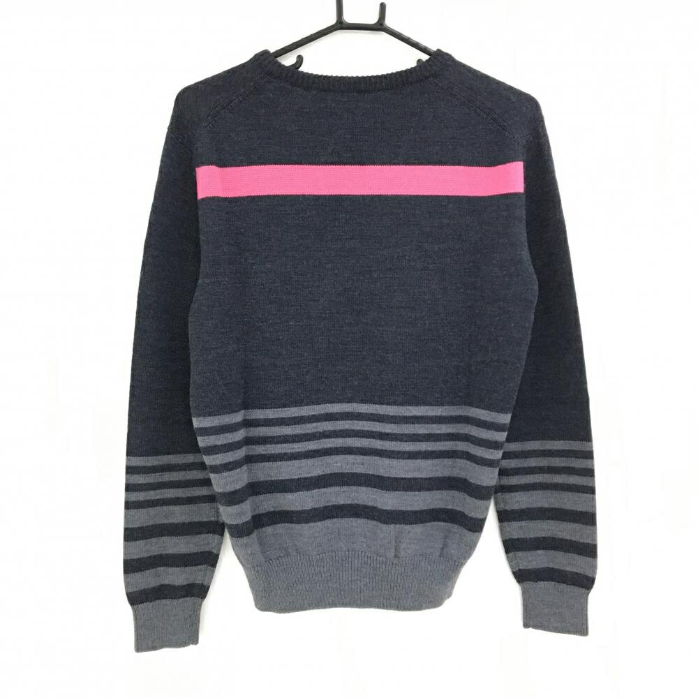 【超美品】アルチビオ セーター ダークグレー 胸元ピンクライン 一部ボーダー ニット ウール100％ メンズ 46(M) ゴルフウェア archivio
