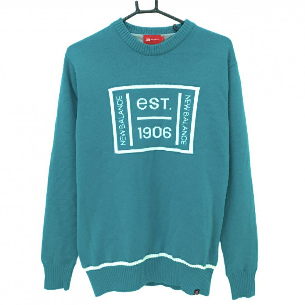 【超美品】ニューバランスゴルフ 裏地付セーター グリーン×白 フロントロゴ ウール混 ニット メンズ 4(..