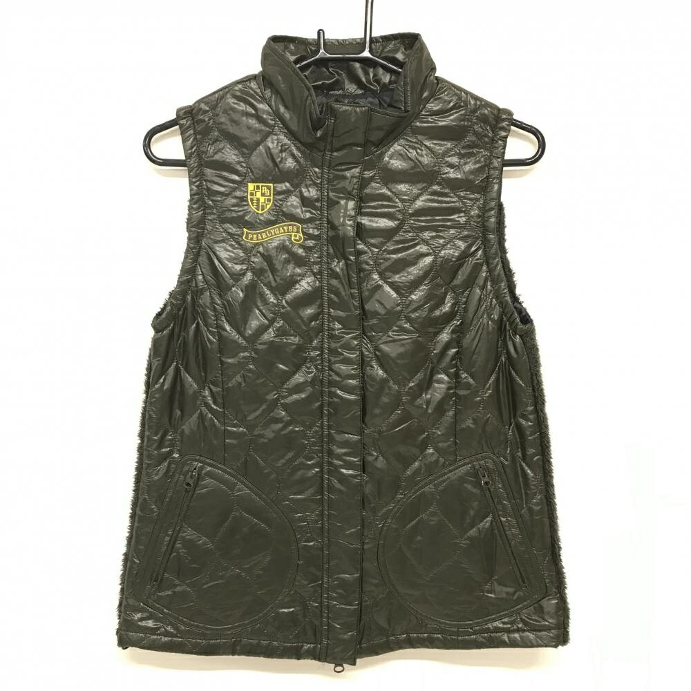 パーリーゲイツ 中綿切替ベスト カーキ 背面ボア ロゴイエロー レディース 1(M) ゴルフウェア PEARLY G..