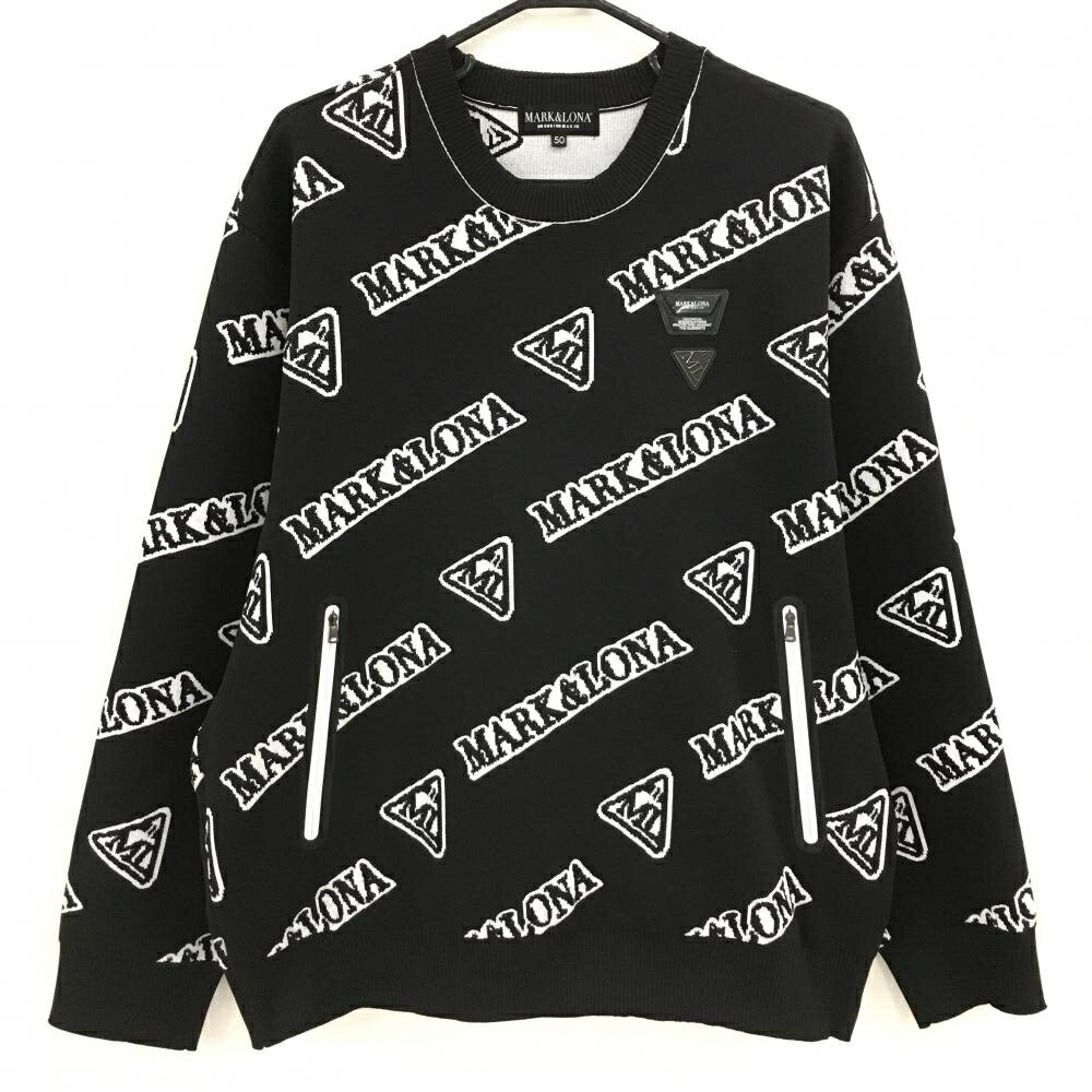 【超美品】マークアンドロナ セーター 黒×白 ロゴ総柄 ニット メンズ 50(XL) ゴルフウェア 2024年モデ..