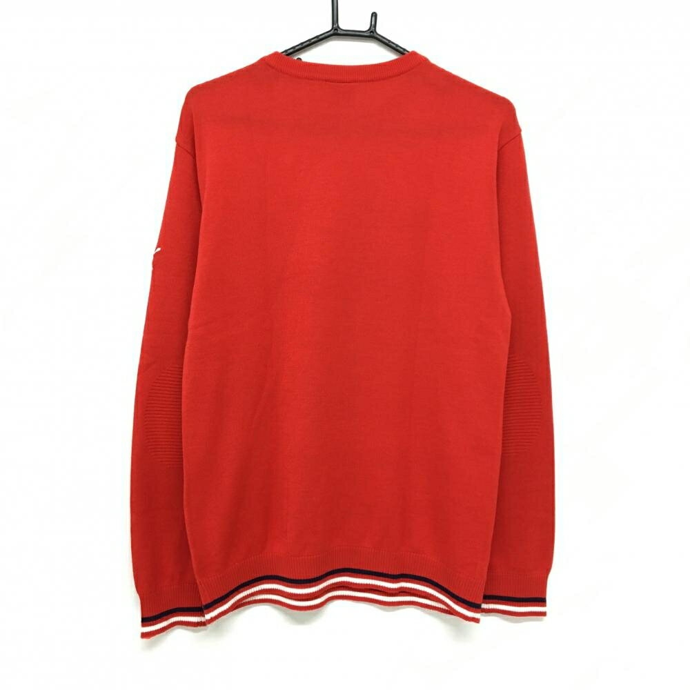 【超美品】プーマ セーター レッド×白 フロントロゴ 袖口・裾ライン ニット ウール混 メンズ XL ゴルフウェア PUMA