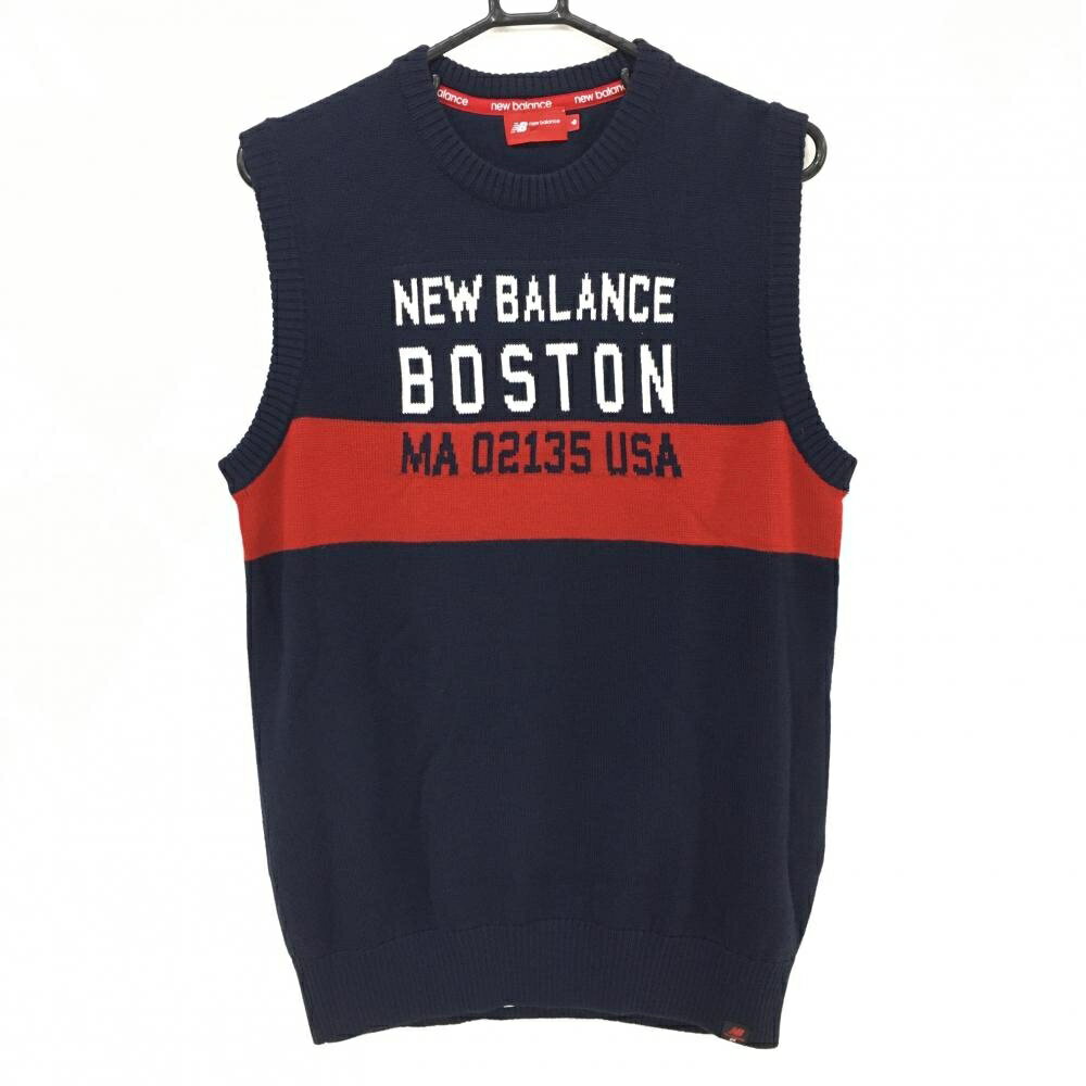 【美品】ニューバランスゴルフ ニットベスト ネイビー×白 レッドライン フロントロゴ ウール混 メンズ ..