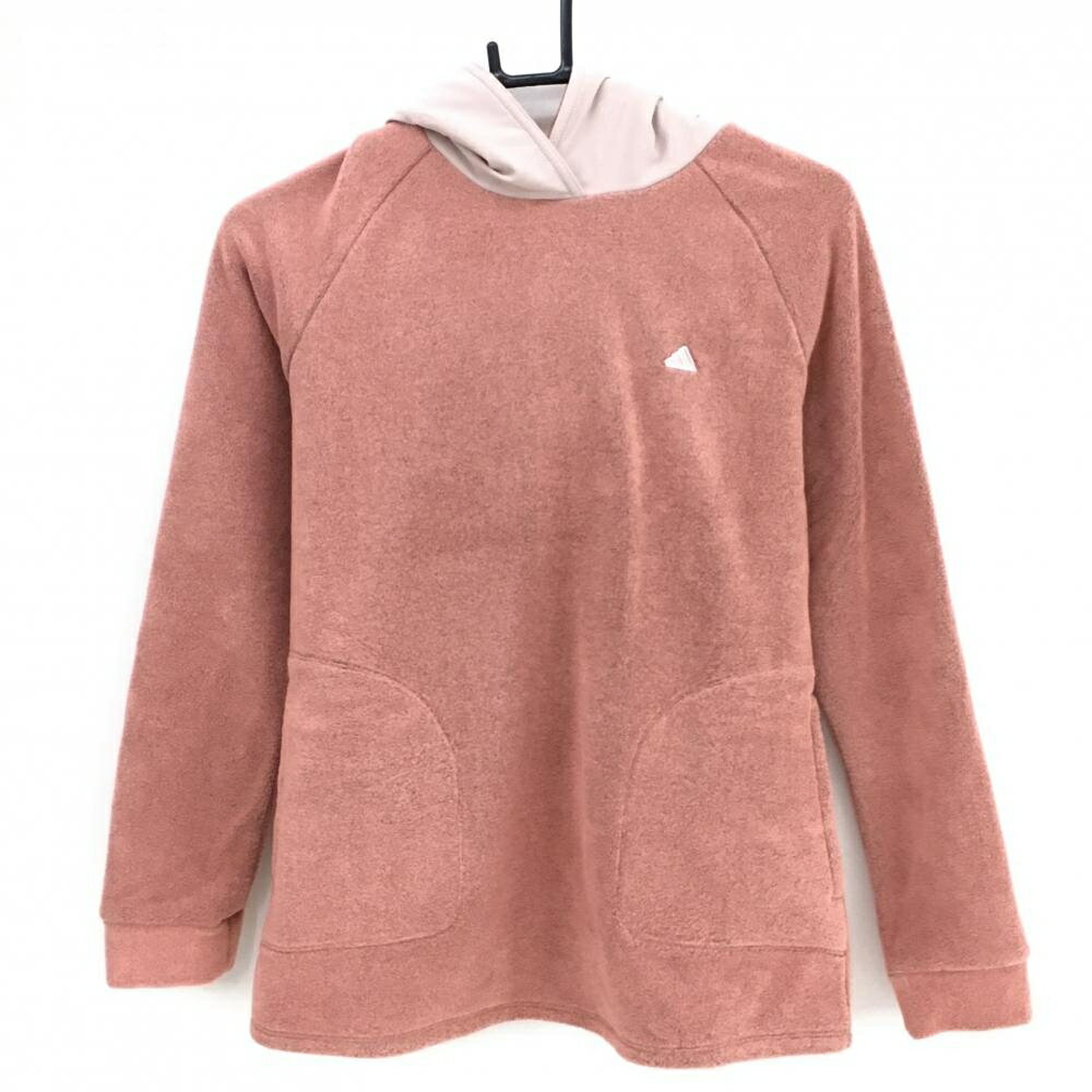 【超美品】アディダス フード付フリースパーカー ピンク×ベージュ フード切替 レディース L ゴルフウェア 2023年モデル adidas