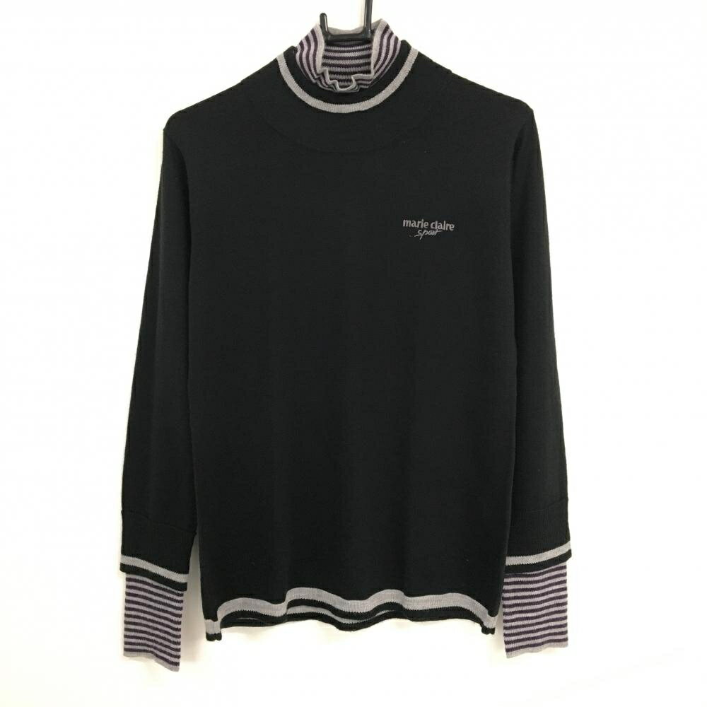 【超美品】マリクレールスポール ハイネックセーター 黒×グレー 一部ボーダー ロゴ刺しゅう レディース LL ゴルフウェア marie claire