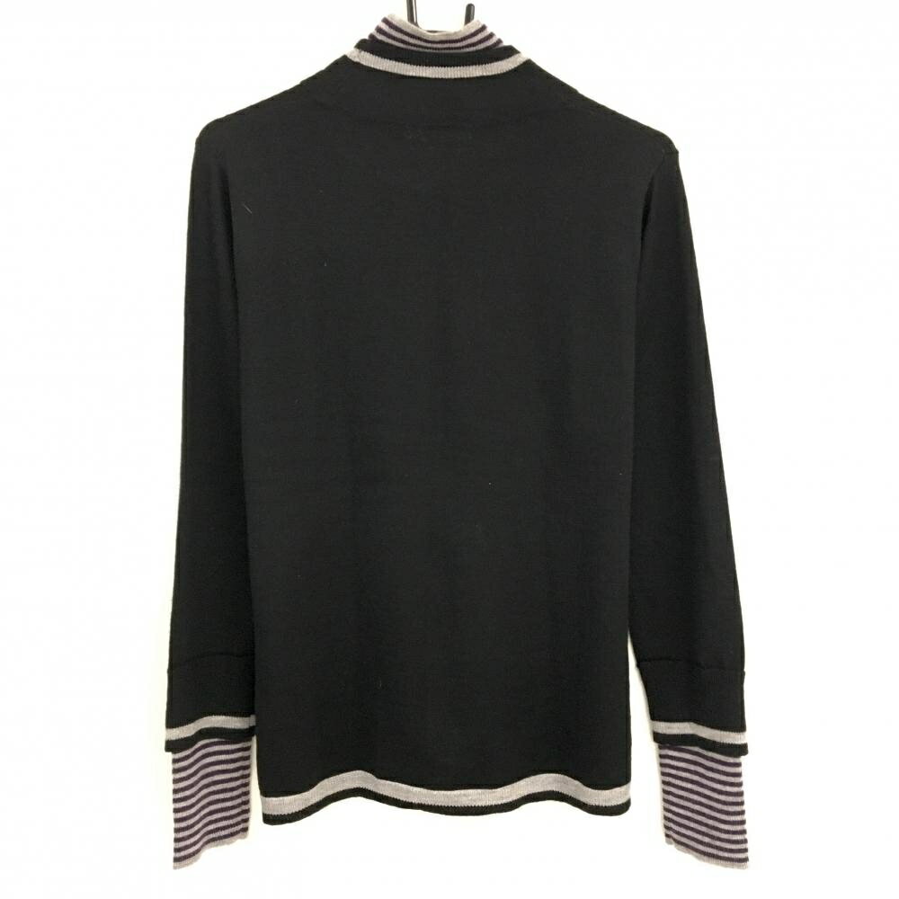 【超美品】マリクレールスポール ハイネックセーター 黒×グレー 一部ボーダー ロゴ刺しゅう レディース LL ゴルフウェア marie claire