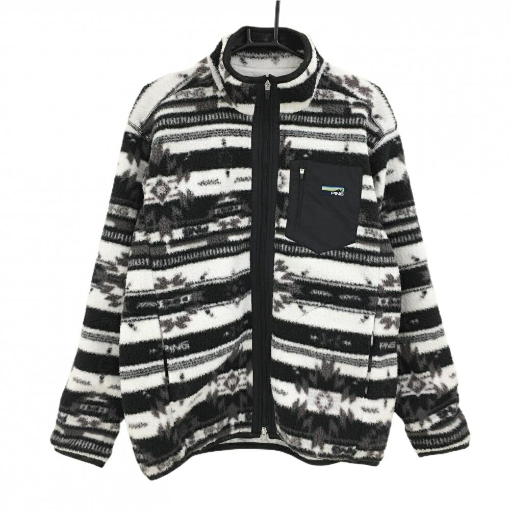【美品】ピン ボアジャケット 白×黒 総柄 胸ポケット 裏地あり メンズ LL ゴルフウェア PING