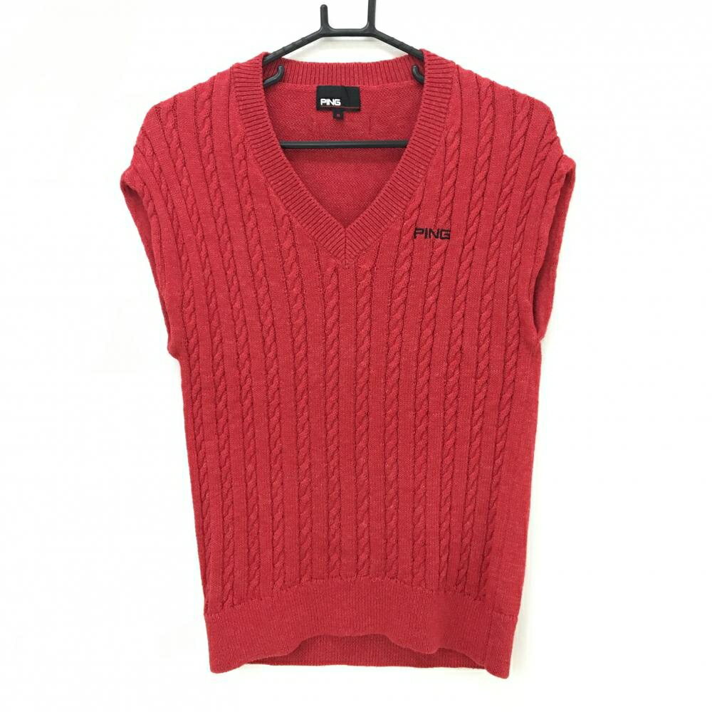 【超美品】ピン ニットベスト レッド ケーブル編み コットン混 メンズ S ゴルフウェア PING