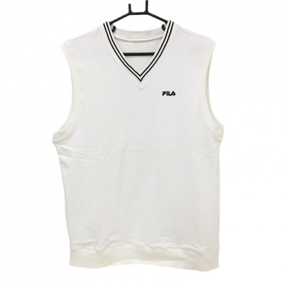 【美品】フィラ ベスト 白×ネイビー Vネック 胸ロゴ メンズ ゴルフウェア FILA GOLF