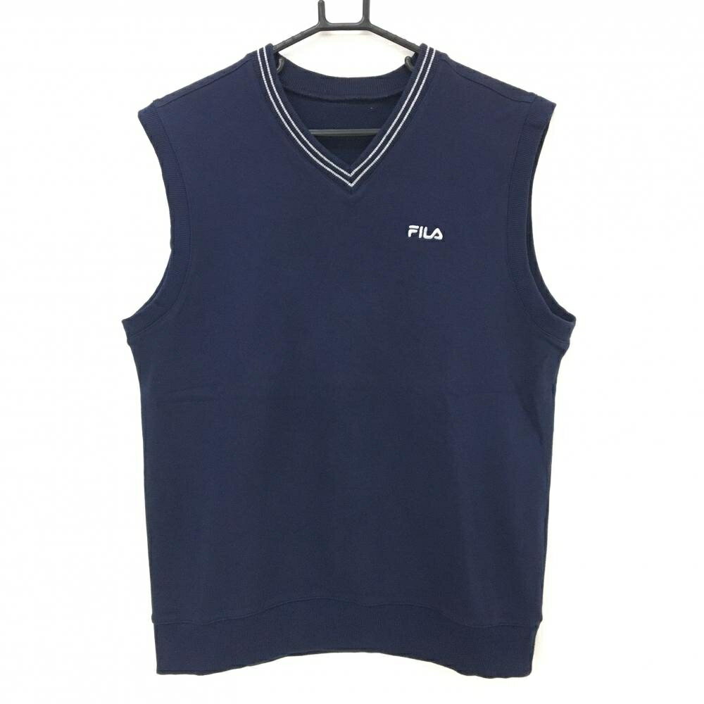 【美品】フィラ ベスト ネイビー×白 Vネック 胸ロゴ メンズ ゴルフウェア FILA GOLF