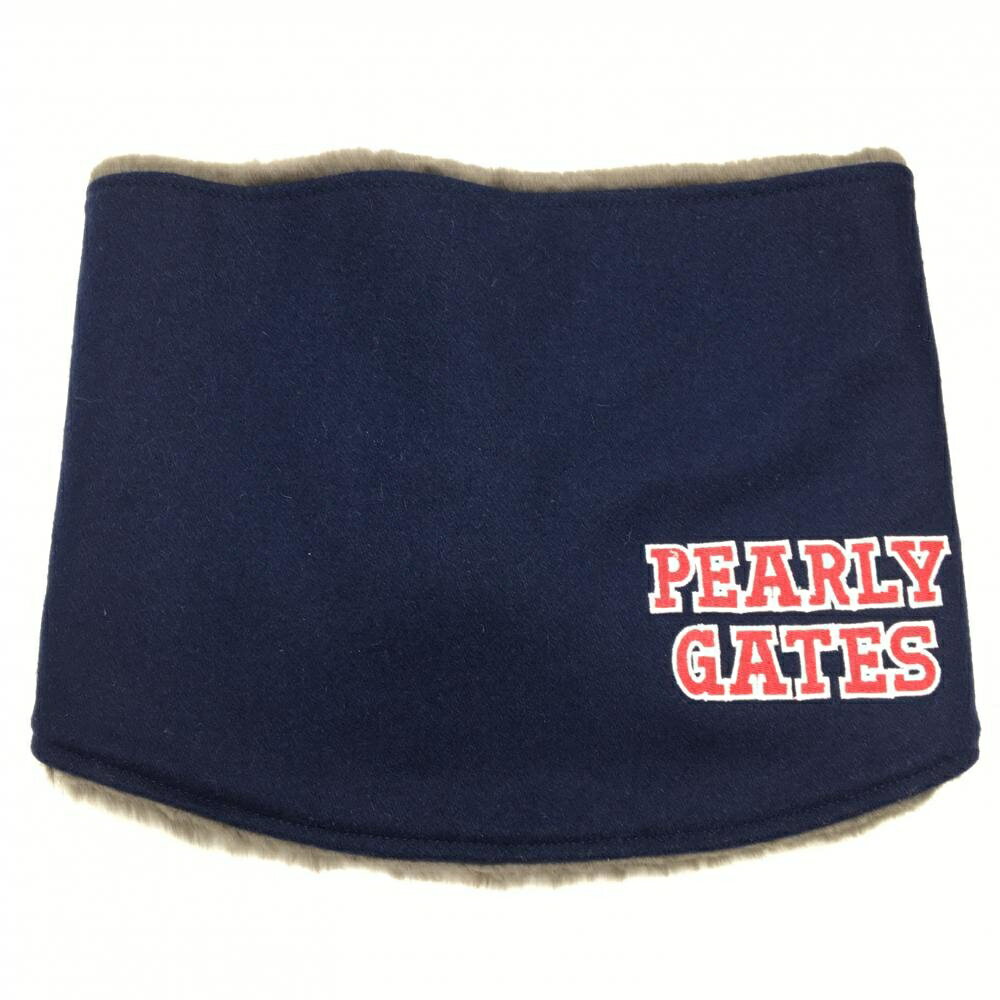 【超美品】パーリーゲイツ ネックウォーマー ネイビー×グレー 裏ファー ウール混 FR ゴルフウェア PEAR..