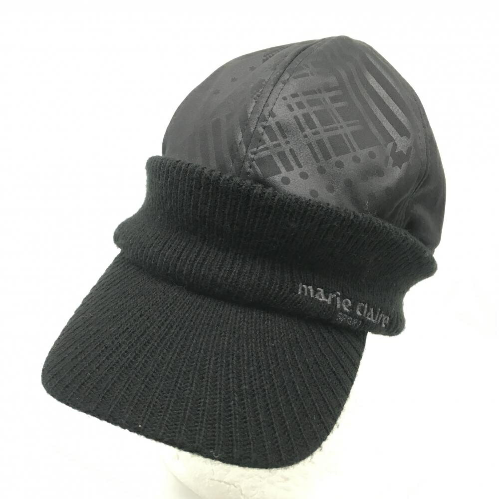 【美品】マリクレールスポール 中綿つば付きニット帽 黒 クラウン部総柄 ロゴ刺しゅう 内側フリース ゴルフウェア marie claire
