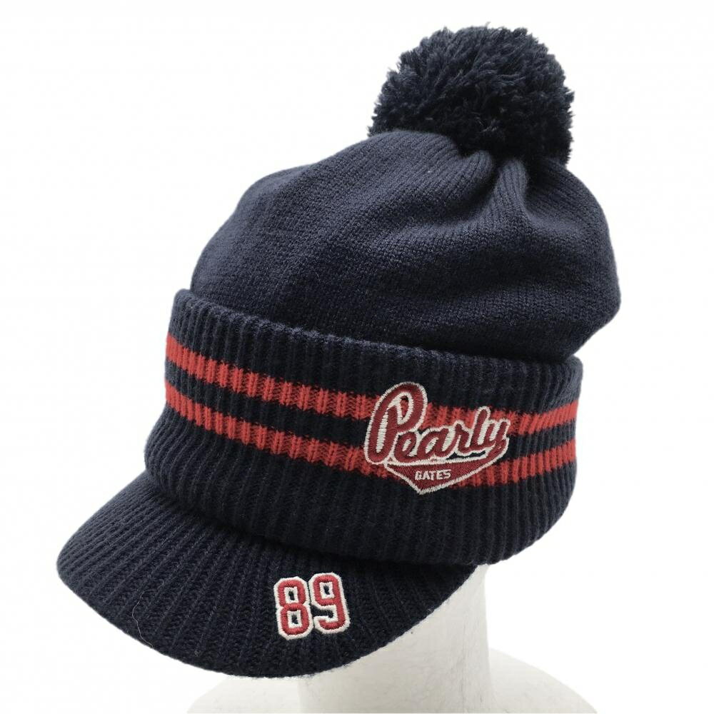 【美品】パーリーゲイツ つば付ニット帽 ネイビー×レッド ライン 裏フリース ウール混 レディース FR ..