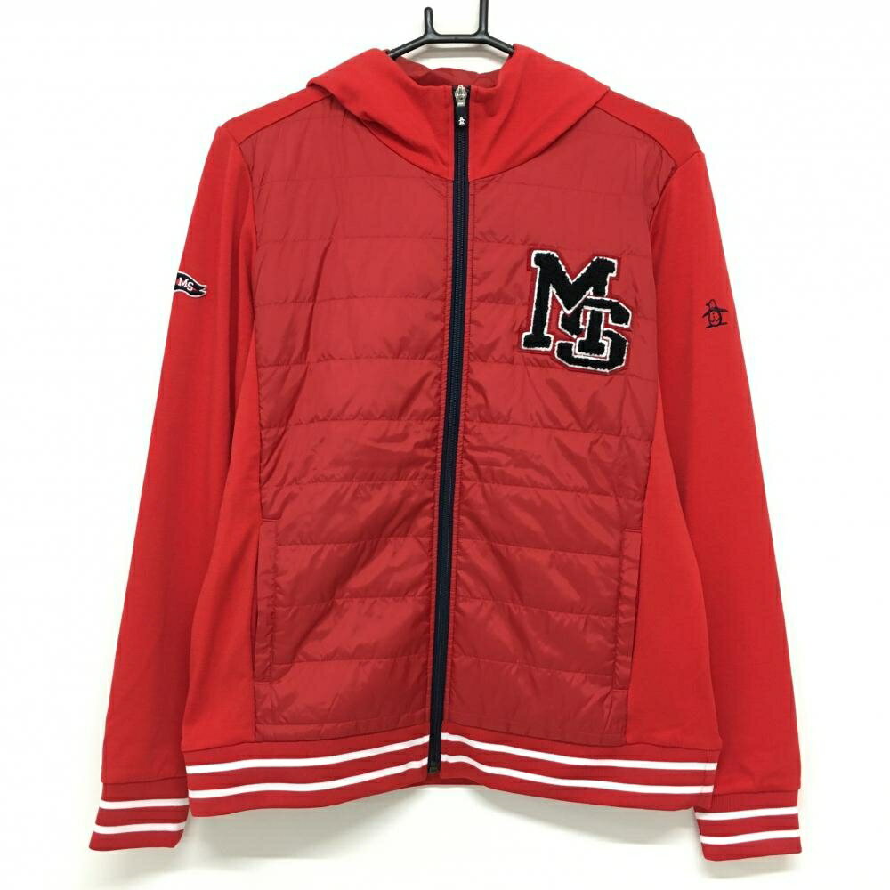 【超美品】マンシングウェア 切替中綿パーカー レッド×ネイビー 前身頃中綿 ロゴワッペン レディース LL ゴルフウェア Munsingwear