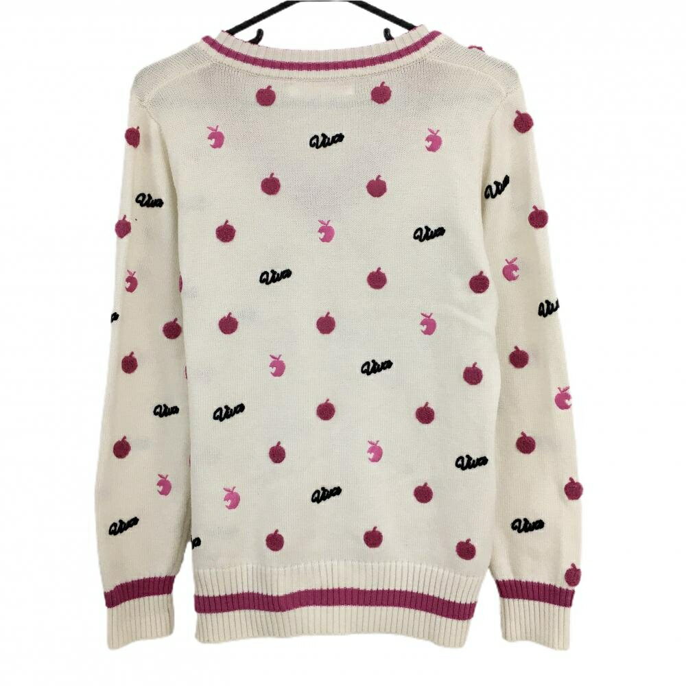 ビバハート セーター アイボリー×ピンク リンゴ総柄 Vネック ウール混 ニット レディース 42(L) ゴルフウェア VIVA HEART