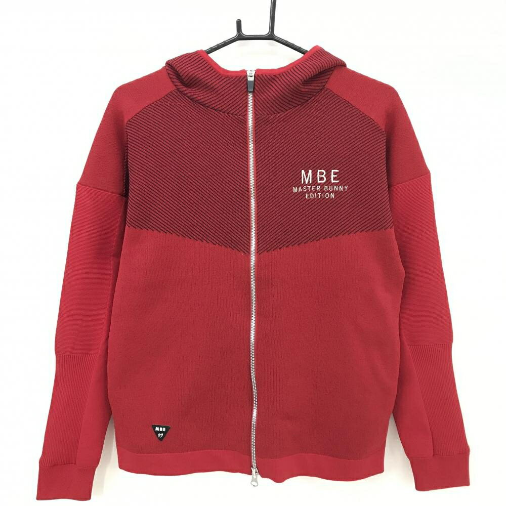 【超美品】マスターバニー ニットジップパーカー レッド×黒 一部斜めストライプ レディース 2(L) ゴルフウェア MASTER BUNNY EDITION