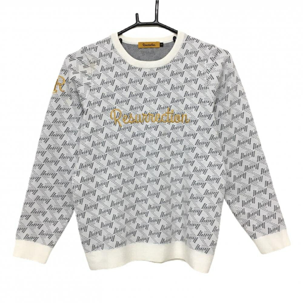 【美品】レザレクション セーター 白×グレー×ダークグレー 総柄 フロントロゴ レディース S ゴルフウェア 2023年モデル Resurrection