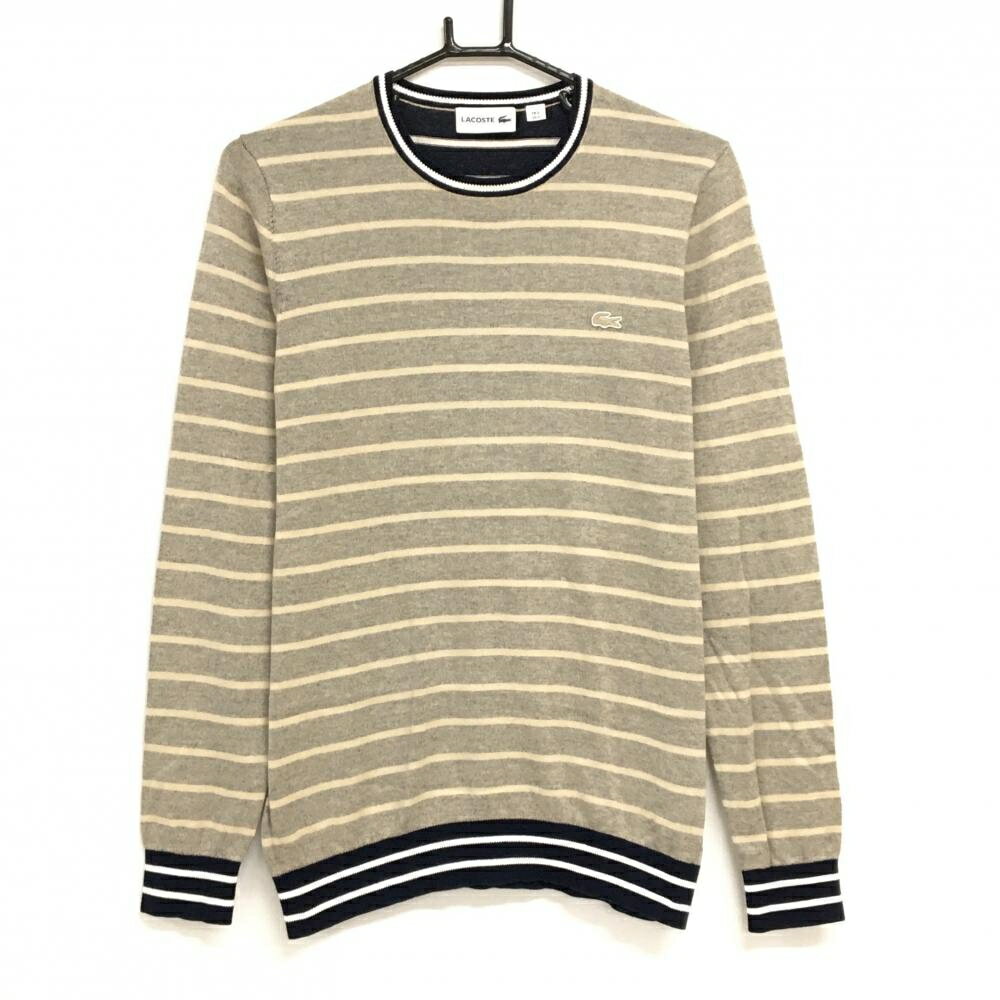 【超美品】ラコステ セーター グレー×ベージュ ボーダー ニット メンズ US-S ゴルフウェア LACOSTE