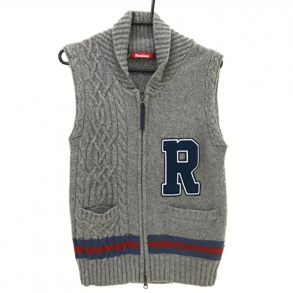 【超美品】ラッセルノ ジップニットベスト グレー×ブルー ワッペン メンズ 4(M) ゴルフウェア RUSSELUNO