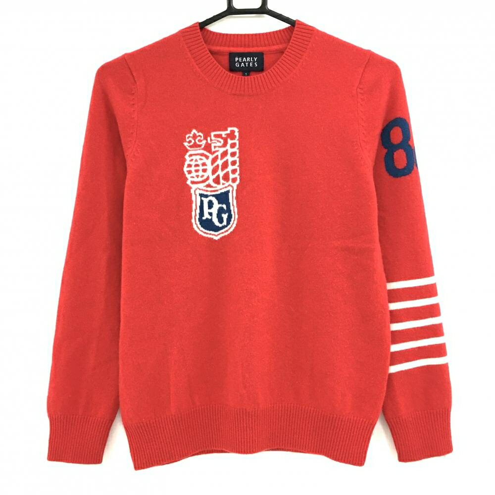 【美品】パーリーゲイツ セーター レッド×白 袖ライン カシミヤ100％ ニット レディース 1(M) ゴルフウ..