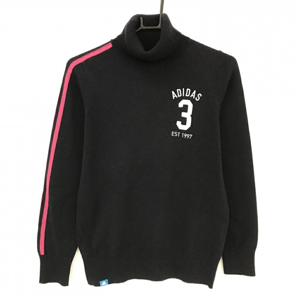 アディダス タートルネックセーター ネイビー ロゴ白 右袖3ライン ニット レディース M/M ゴルフウェア adidas
