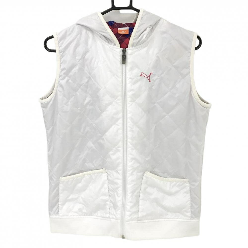 プーマ フード付き中綿ベスト 白 薄手 キルティング 裏地チェック レディース O ゴルフウェア PUMA