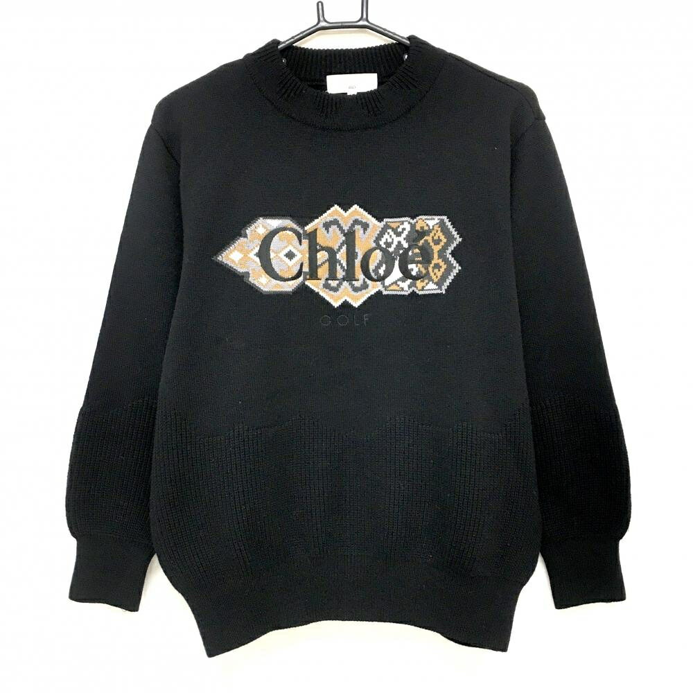 【美品】クロエゴルフ セーター 黒 フロントロゴ ウール100% レディース L ゴルフウェア Chloe GOLF